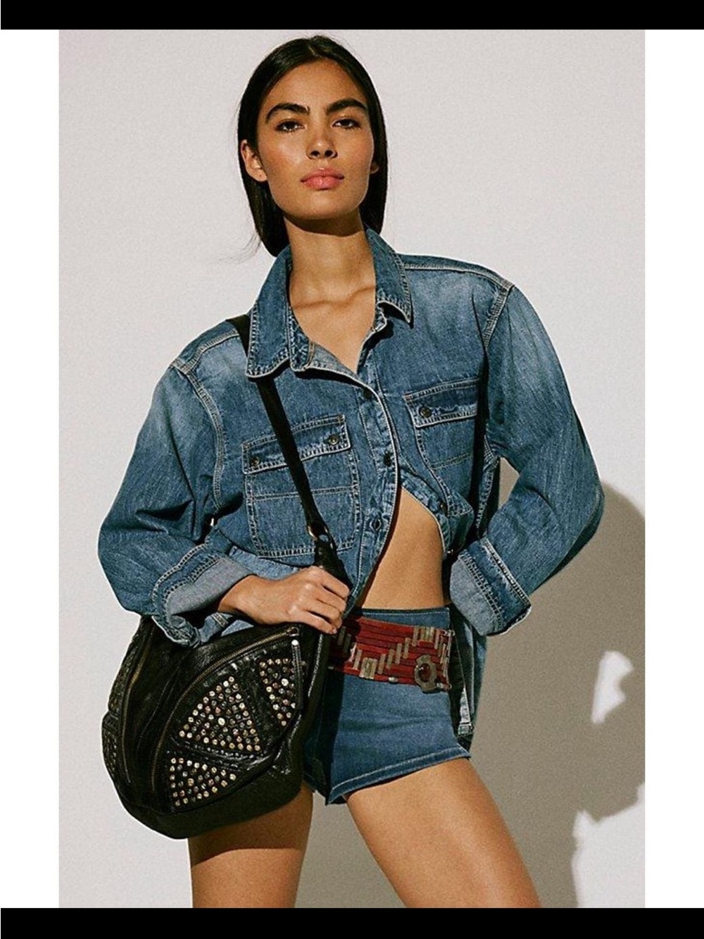 Free People West Side Studded Sling Black Leather Hobo Bag Y2K Moto